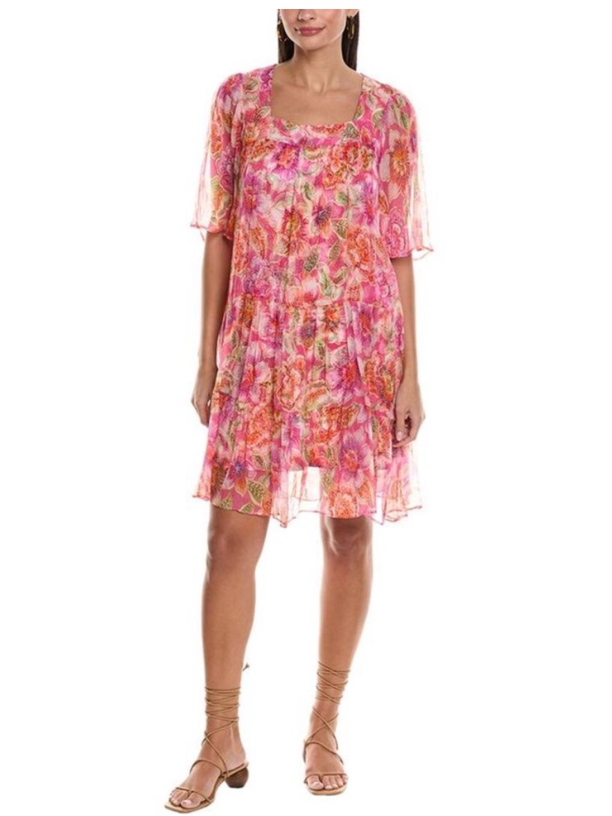 Nwt Johnny Was Mari Tiered Silk Floral Mini Dress Pink Size Small